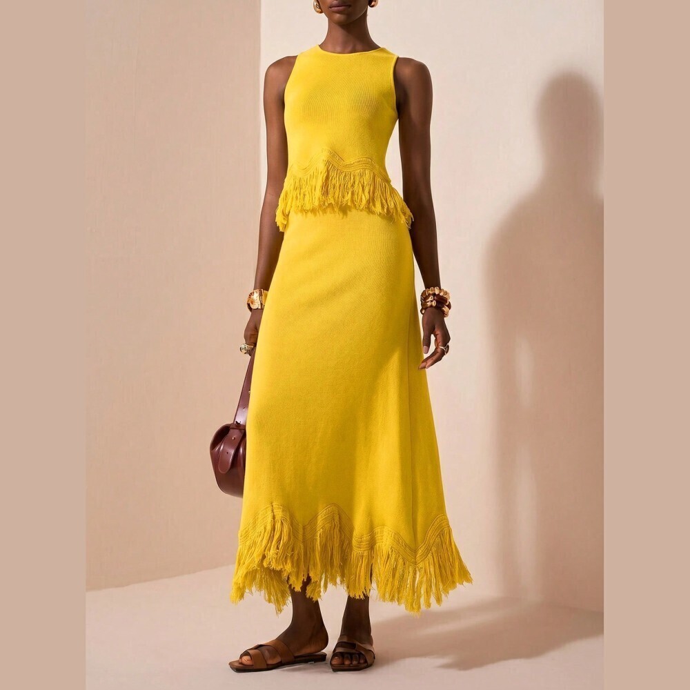 Yellow Fringe Hem Ribbed Knit Round Neck Tank Top and Maxi Skirt Set